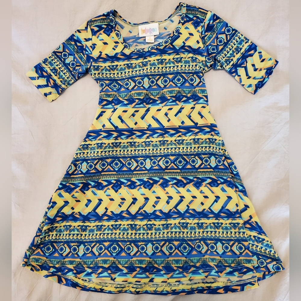 LuLaRoe Geometric Blue and Yellow Dress